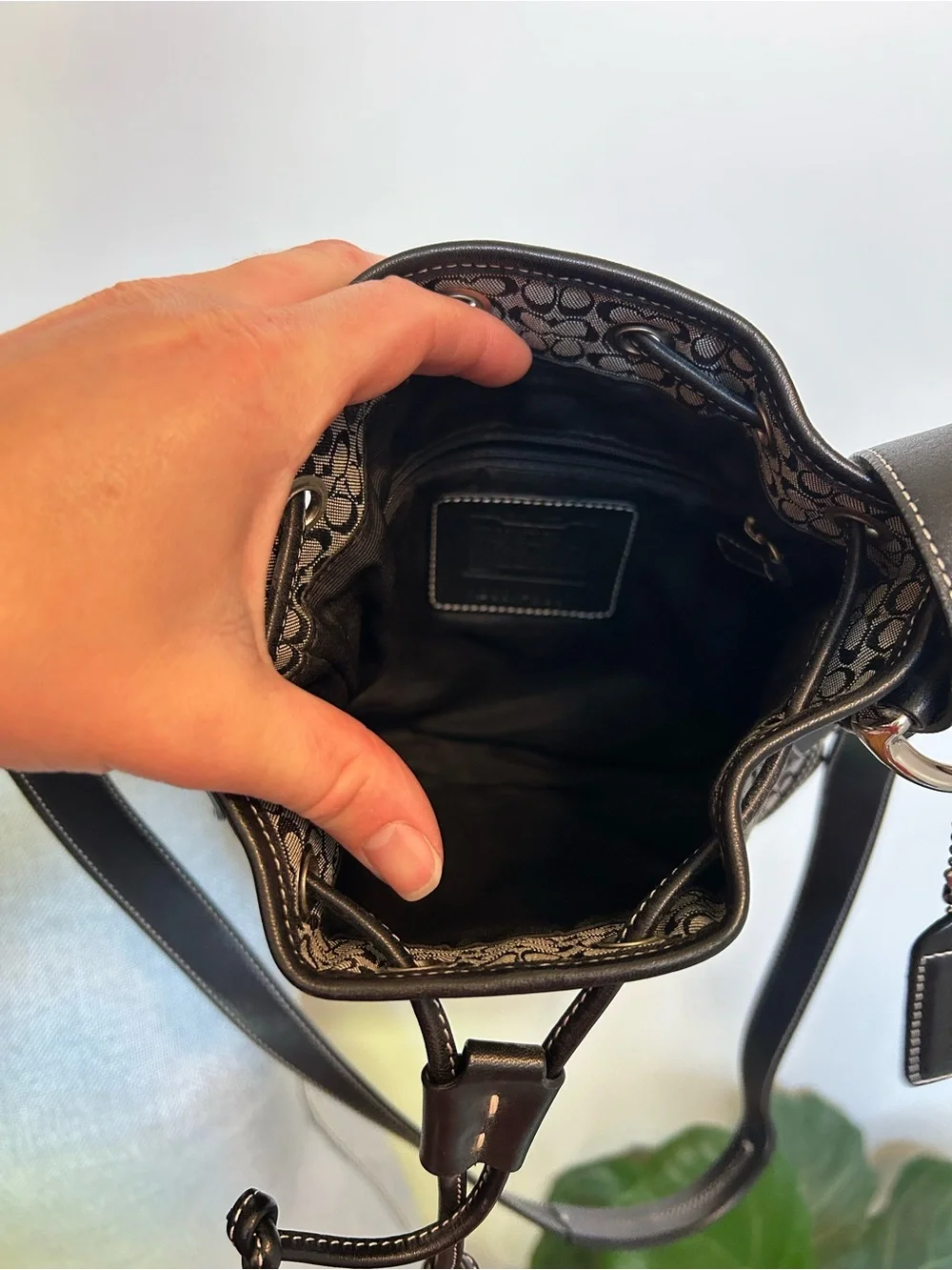 Coach Black and Gray Signature Drawstring Crossbody